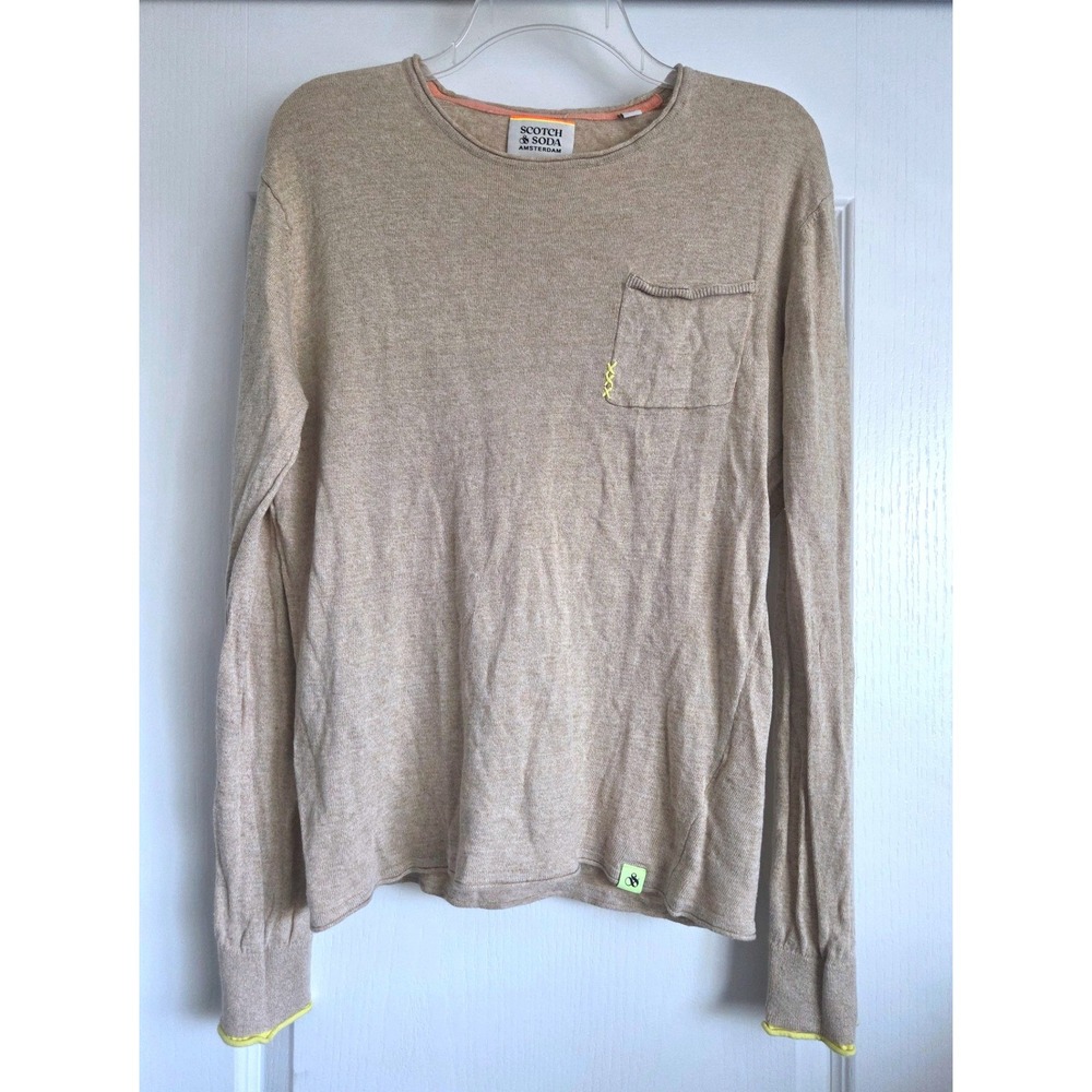 Scotch & Soda Linen Cotton Pocket Long Sleeve Tee Tan Sz Small Lightweight